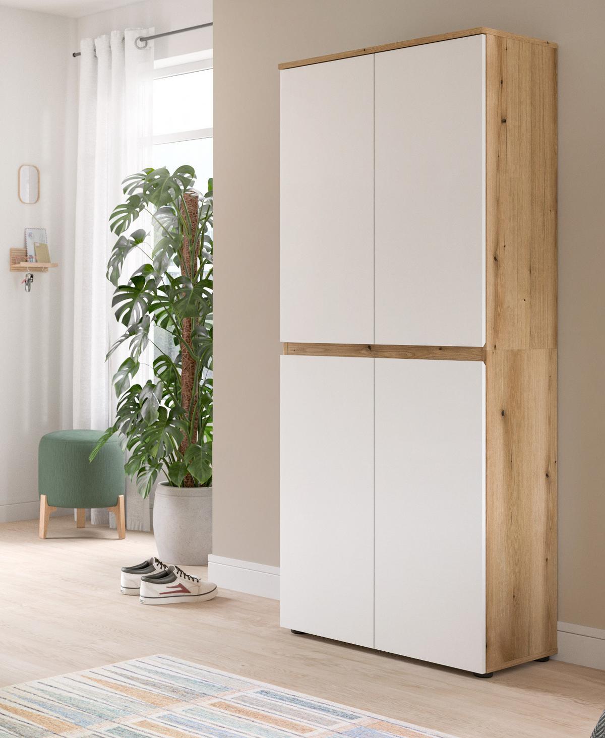 MEHRZWECKSCHRANK weiß, Evoke Eiche 70 x 175 cm, Stauraumschrank 4-türig mit 9 Fächern - Eichefarben/Schwarz, Holzwerkstoff/Kunststoff (70/175/37cm) - Inn.Furn