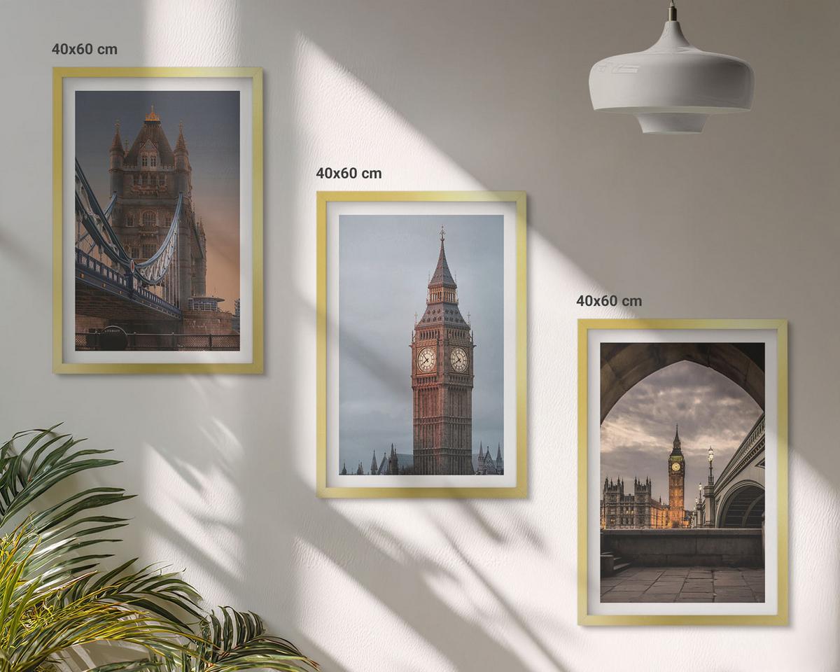 BILDER SET 3er Set - 40x60 cm Goldrahmen - London Bridge Big Ben Uhr - Goldfarben, Kunststoff (40/60cm) - TULUP