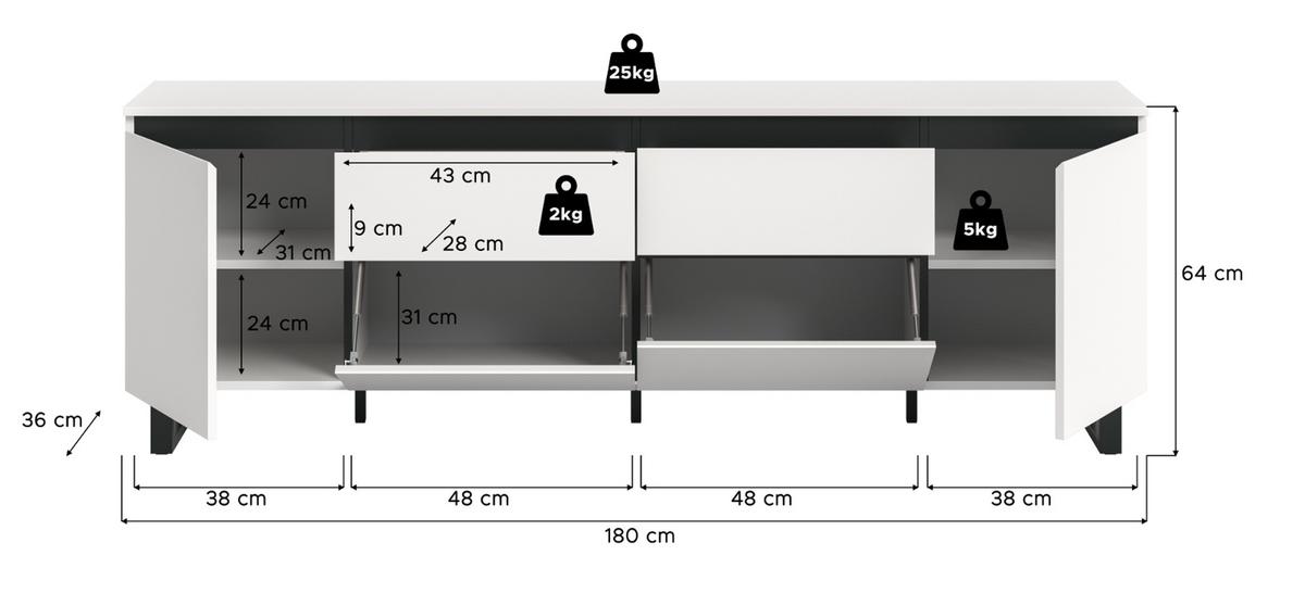TV-LOWBOARD weiß, schwarz, TV Unterschrank 188 x 65 cm, Soft-Close und Komforthöhe - Schwarz/Weiß, Holzwerkstoff/Metall (188/65/36cm) - Inn.Furn