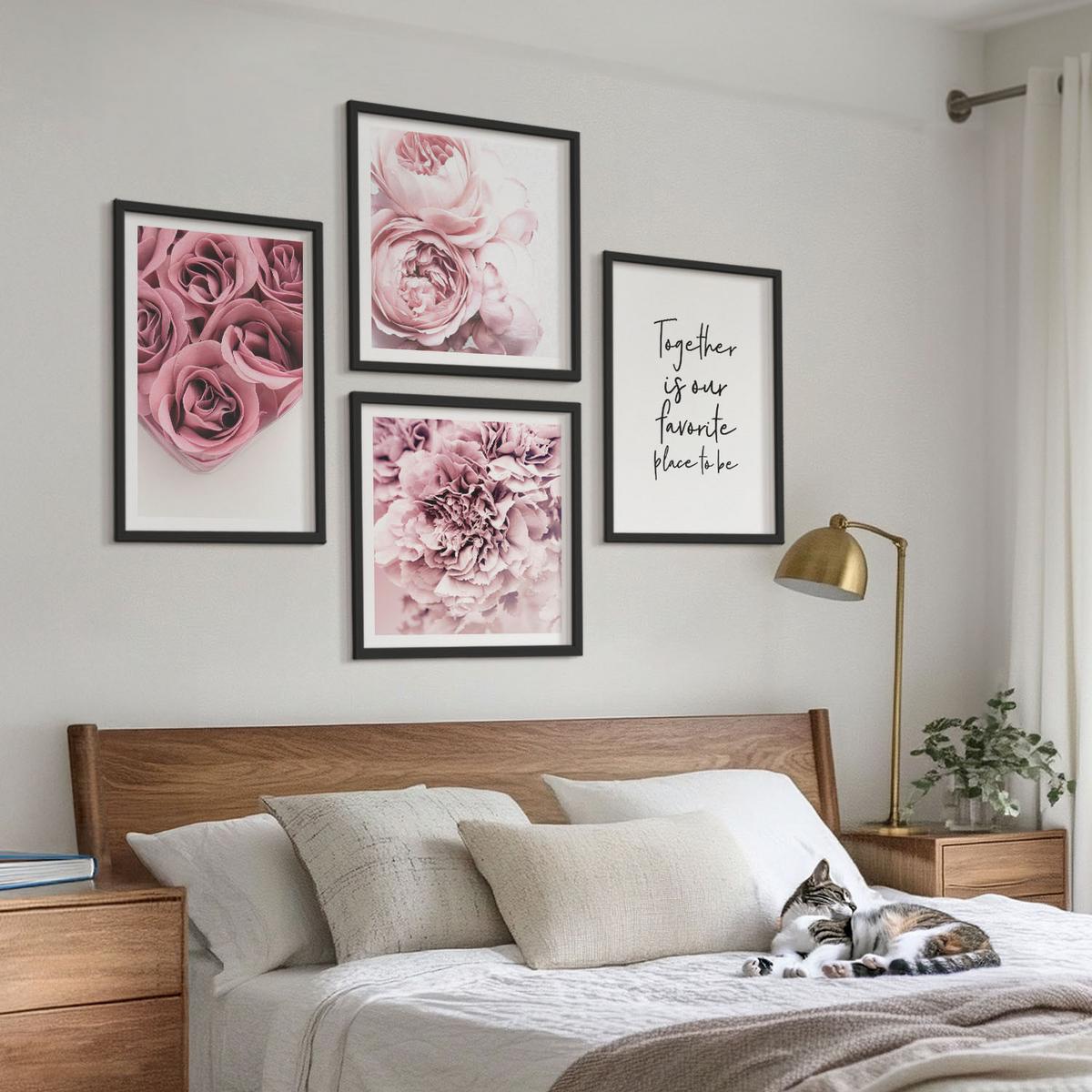 BILDER SET 4er Set - 50x50 cm & 40x60 cm Schwarzer Rahmen - Blumensträuße mit Rosen, Hausinschrift - Schwarz, Kunststoff (50/50cm) - TULUP