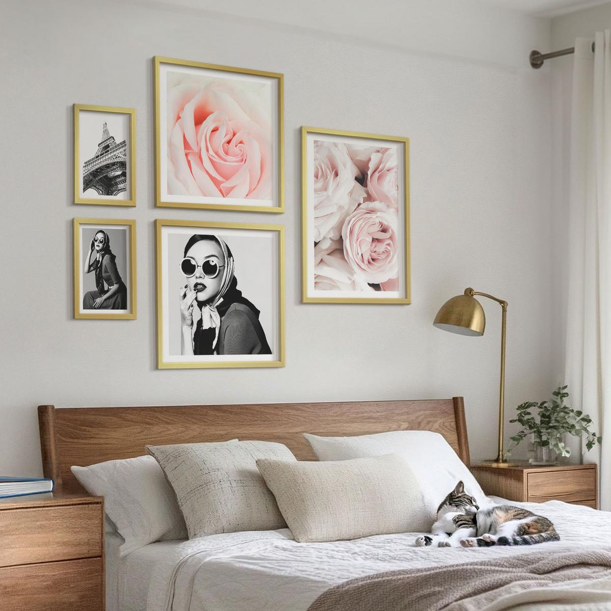 BILDER SET 5er Set - 50x50 cm & 20x30 cm & 40x60 cm Goldrahmen - Blumen, Pfingstrosen, Rosen, Eleganz - Goldfarben, Kunststoff (40/60cm) - TULUP
