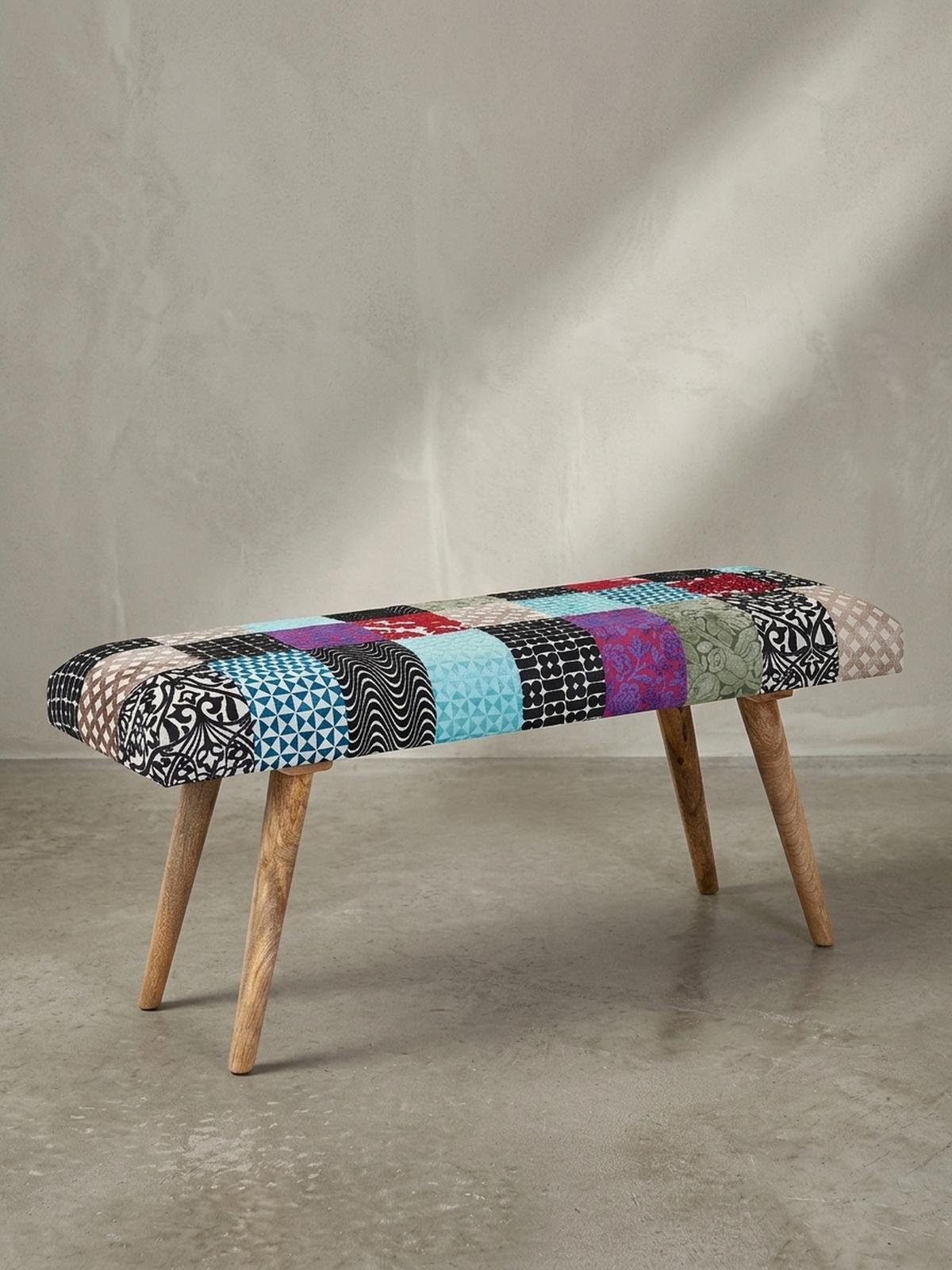 SITZBANK – Patchwork-Stoff, Massivholzbeine - Multicolor/Braun, Mangoholz/Textil (117/51/38cm) - KADIMA DESIGN