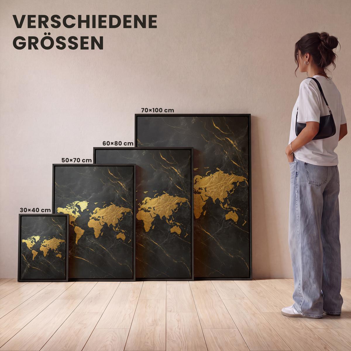 LEINWAND Bilder mit Rahmen - Weltkarte - Gold - Marmor - 30x40 - Goldfarben, Textil (30/40cm) - MuchoWow