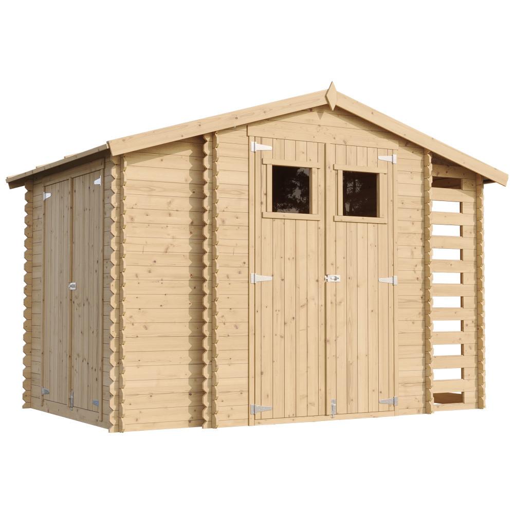 HOLZHAUS GARTENHAUS mit Brennholzschuppen M389 - B328xL206xH218 cm/ 3,53 + 0,97 + 0,97 m2 - Beige, Holz (328/218/206cm) - Timbela