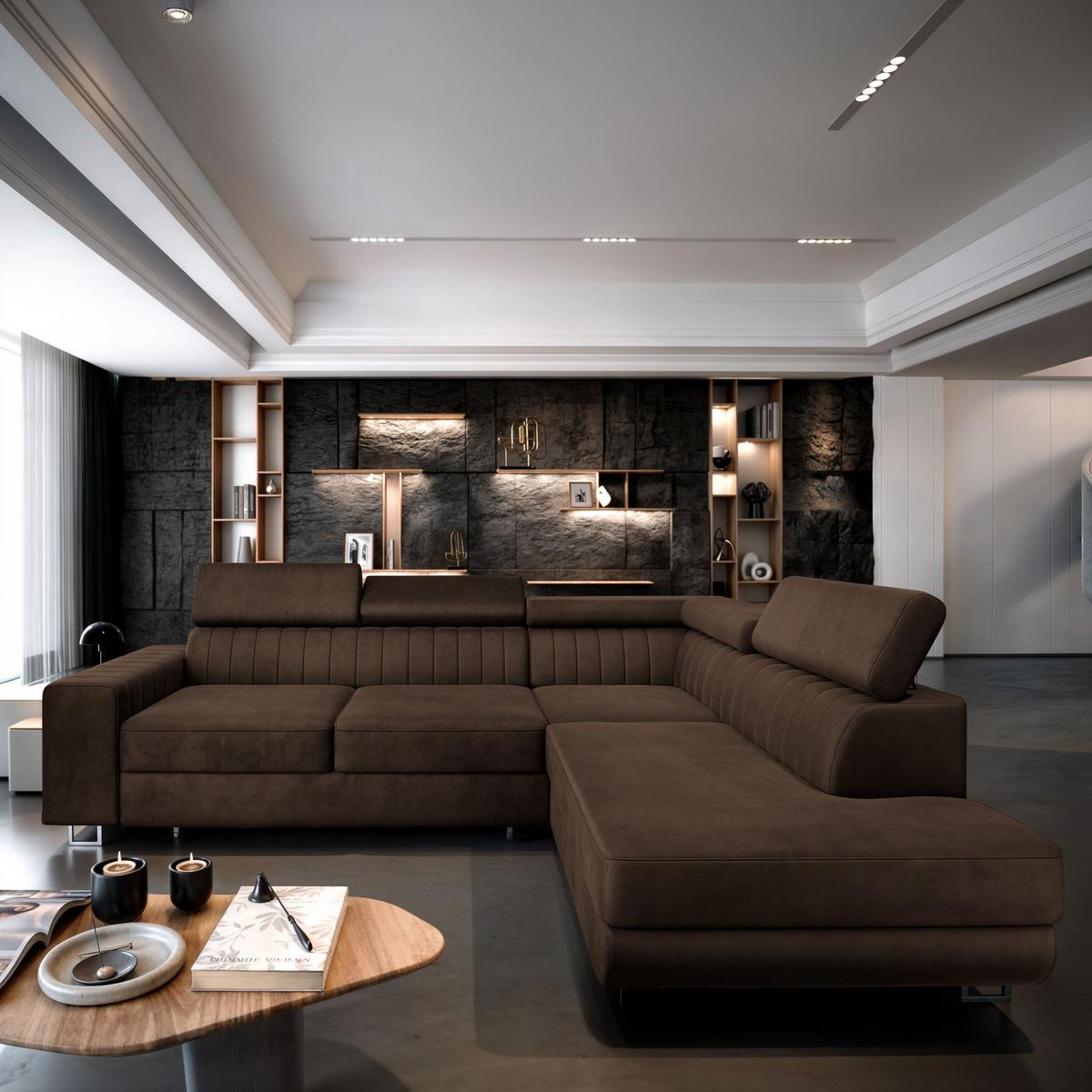 ECKSOFA NOLA R-S Braun Velours-Stoff mit Schlaffunktion - Silberfarben/Braun, Holz/Textil (253/190cm) - MASSENO