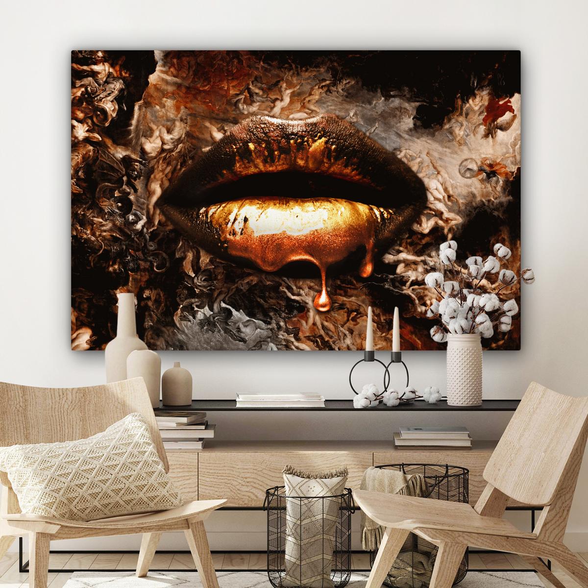 LEINWANDBILD Gold - Lippen - Kunst - Gold - Luxus - Abstrakt XXL 150x100 cm - Kupferfarben, Textil (150/100cm) - MuchoWow