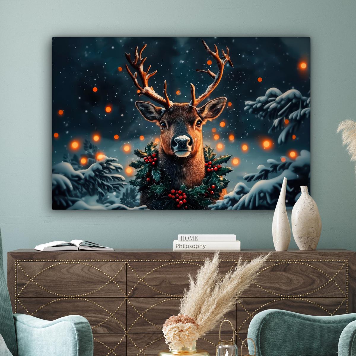 LEINWANDBILD Hirsch - Weihnachten - Winter - Schnee - Weihnachtskranz Wohnzimmer Groß 120x80 cm - Dunkelbraun, Textil (120/80cm) - MuchoWow