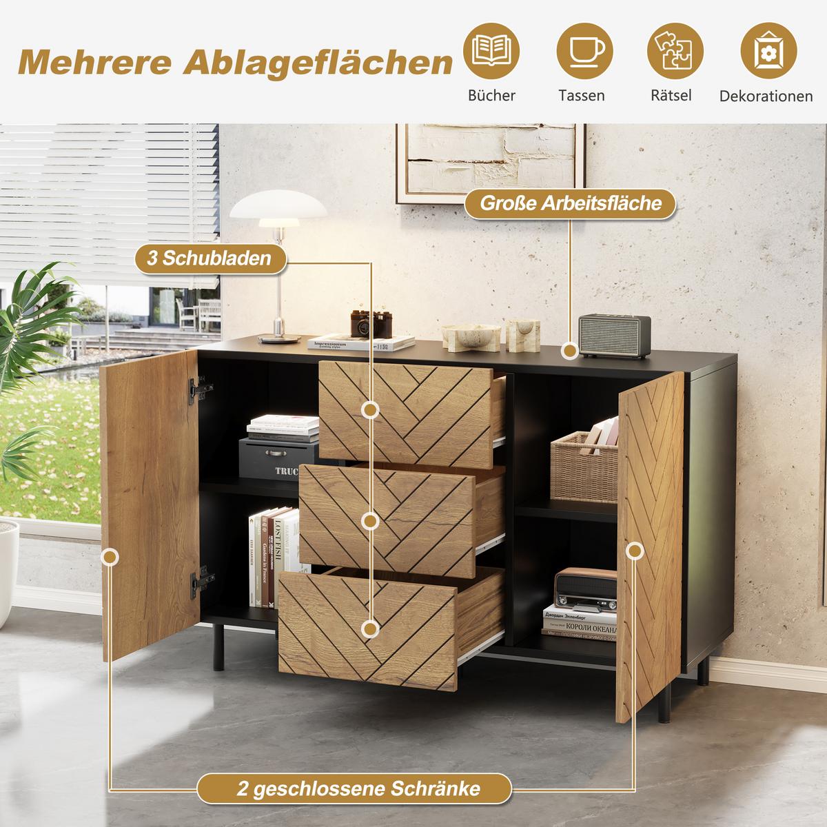 SIDEBOARD 120cm Holzoptik & Schwarz mit 3 Schubladen und 2 Türen - Naturfarben, Holzwerkstoff (120/76/40cm) - Urban Meuble