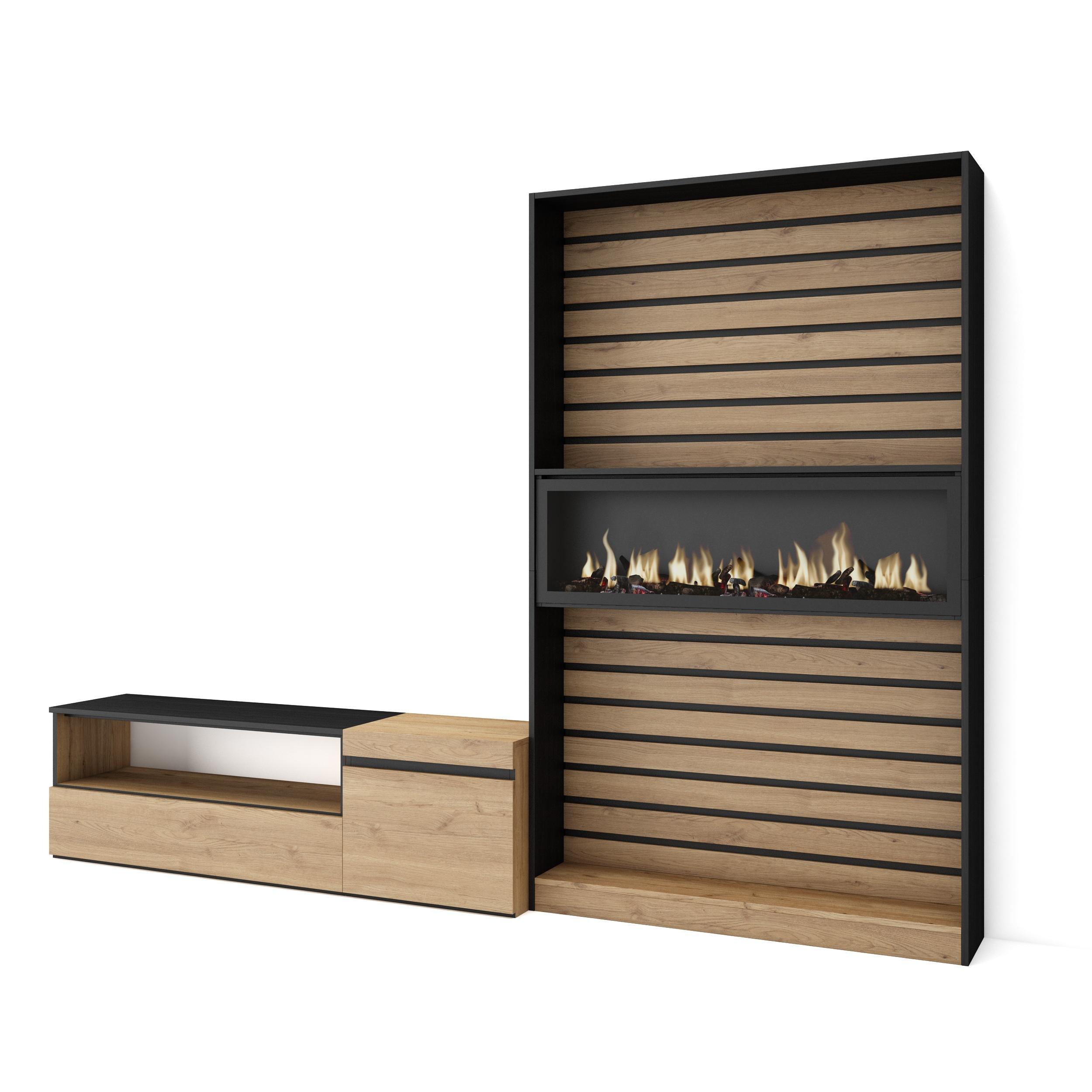 WOHNWAND Elektrokamin, eiche, schwarz, 260/35/186cm - Eichefarben, Holzwerkstoff (260/186/35cm) - Skraut Home