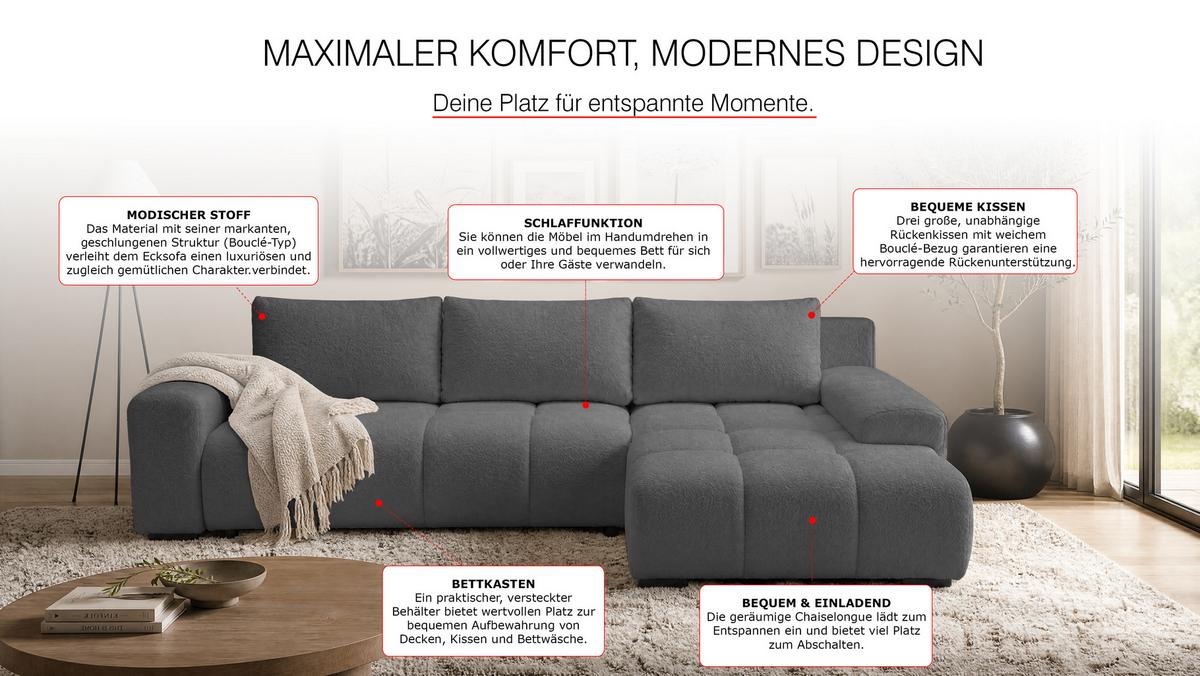 ECKSOFA Ovia mit Bettkasten und Schlaffunktion, Bouclé-Stoff in L-Form - Dunkelgrau, Textil (270/185cm)
