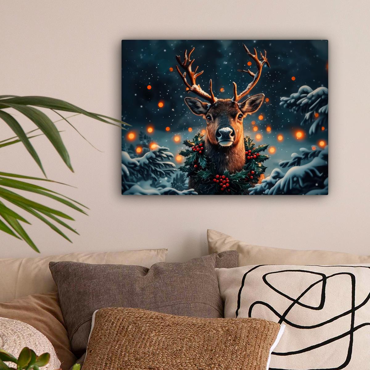LEINWANDBILD Hirsch - Weihnachten - Winter - Schnee - Weihnachtskranz Wandbild 40x30 cm - Dunkelbraun, Textil (40/30cm) - MuchoWow