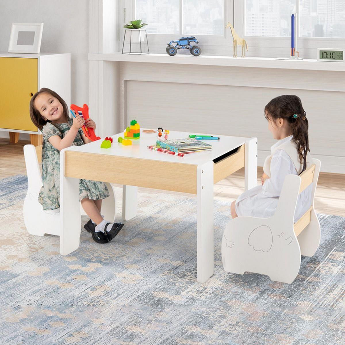 KINDERTISCH mit Stuhl weiß(3-tlg) - Weiß/Naturfarben, Holzwerkstoff (63.5/48/61.5cm) - COSTWAY