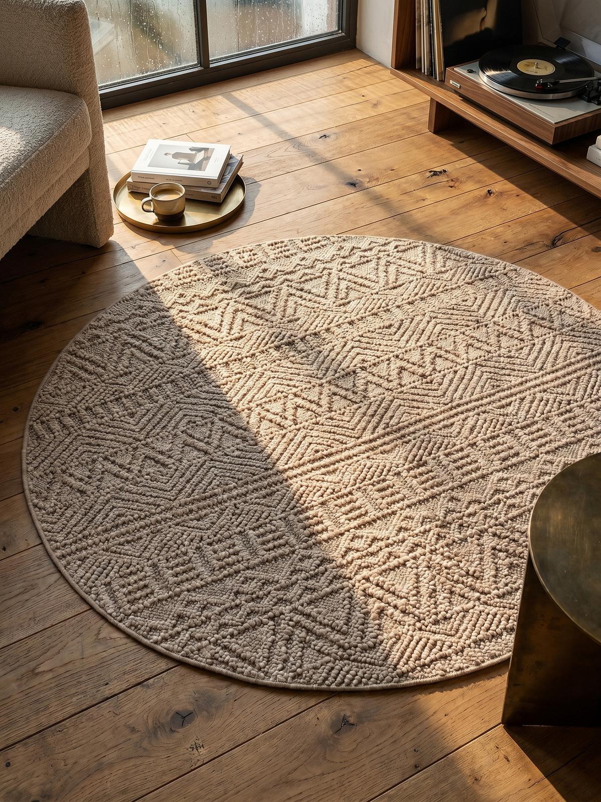 TEPPICH Flachgewebe LANGAU in Beige, mit Ethno-Streifen, Ø 120 cm - Beige, Textil (120/120cm) - KADIMA DESIGN