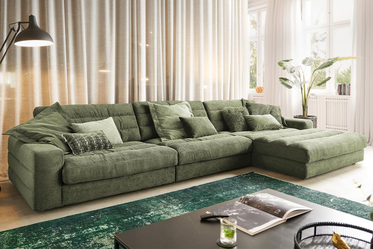ECKSOFA XL LANA Grün Cord - Schwarz/Olivgrün, Textil (416/205cm) - KAWOLA