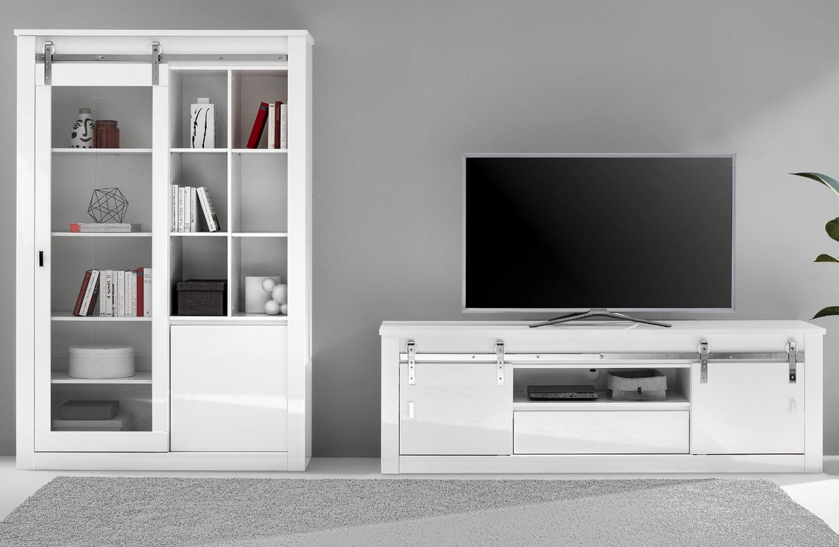 WOHNWAND weiß Hochglanz 2-teilig 349 x 201 cm, Wohnkombination mit Soft-Close - Chromfarben/Weiß Hochglanz, Glas/Holzwerkstoff (349/201/43cm) - Furn.Design