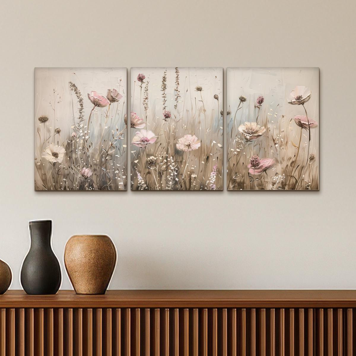 LEINWANDBILD 3er Set Blumen - Beige - Modern - Rosa 90x40 cm - Ecru, Textil (90/40cm) - MuchoWow