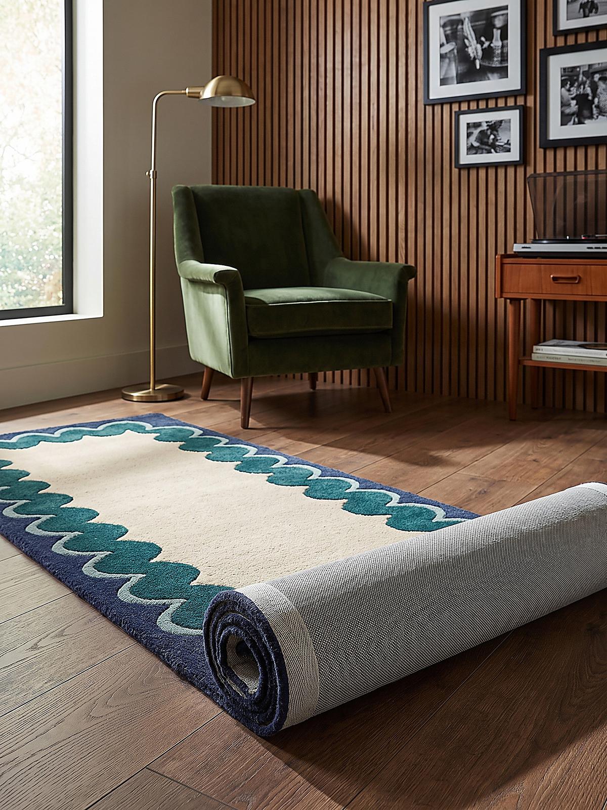 TEPPICHLÄUFER handgetuftet WAVENEY, Zickzack-Wellenbordüre, Petrol, 80 x 230 cm - Türkis, Textil (80/230cm) - KADIMA DESIGN