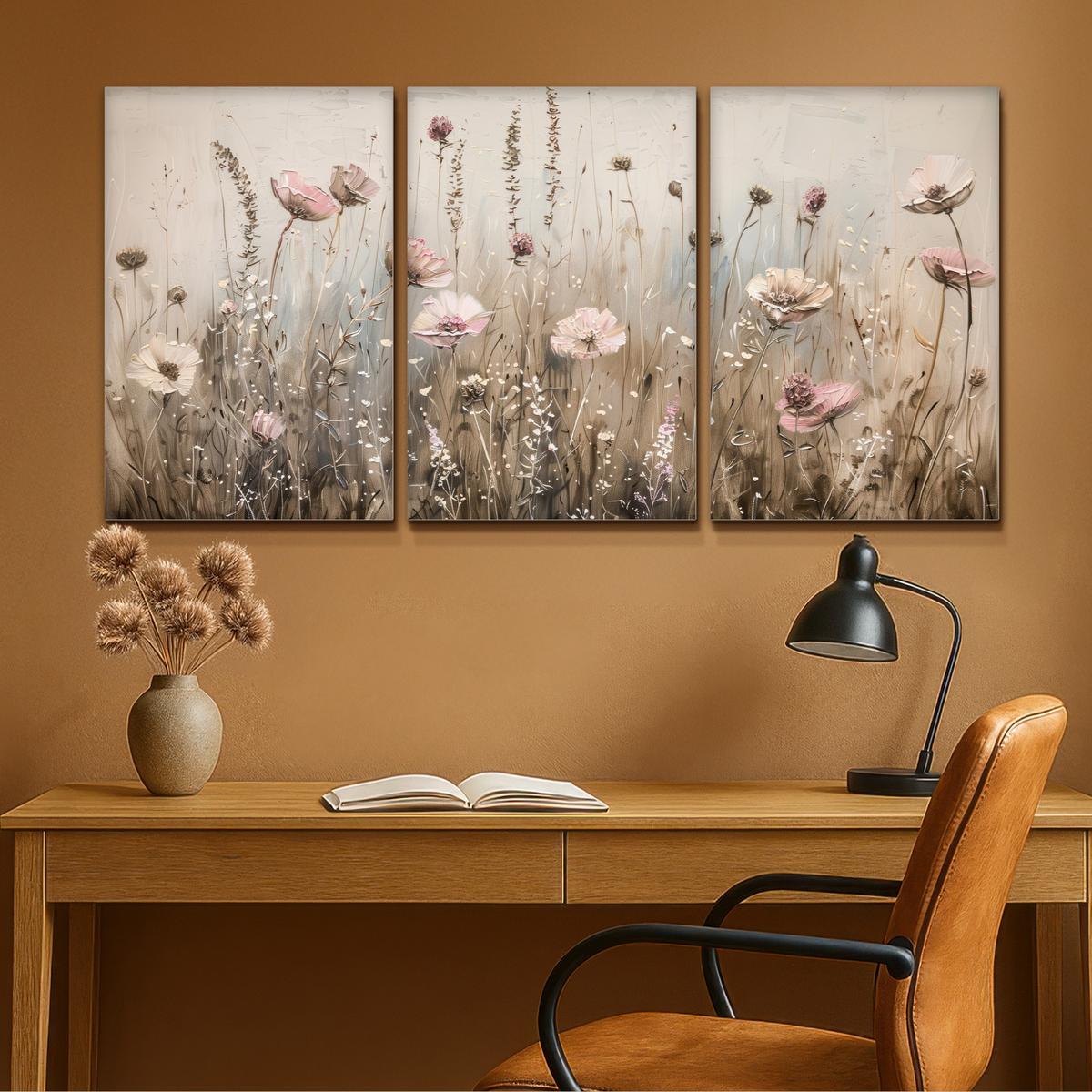 LEINWANDBILD 3er Set Blumen - Beige - Modern - Rosa 120x60 cm - Ecru, Textil (120/60cm) - MuchoWow