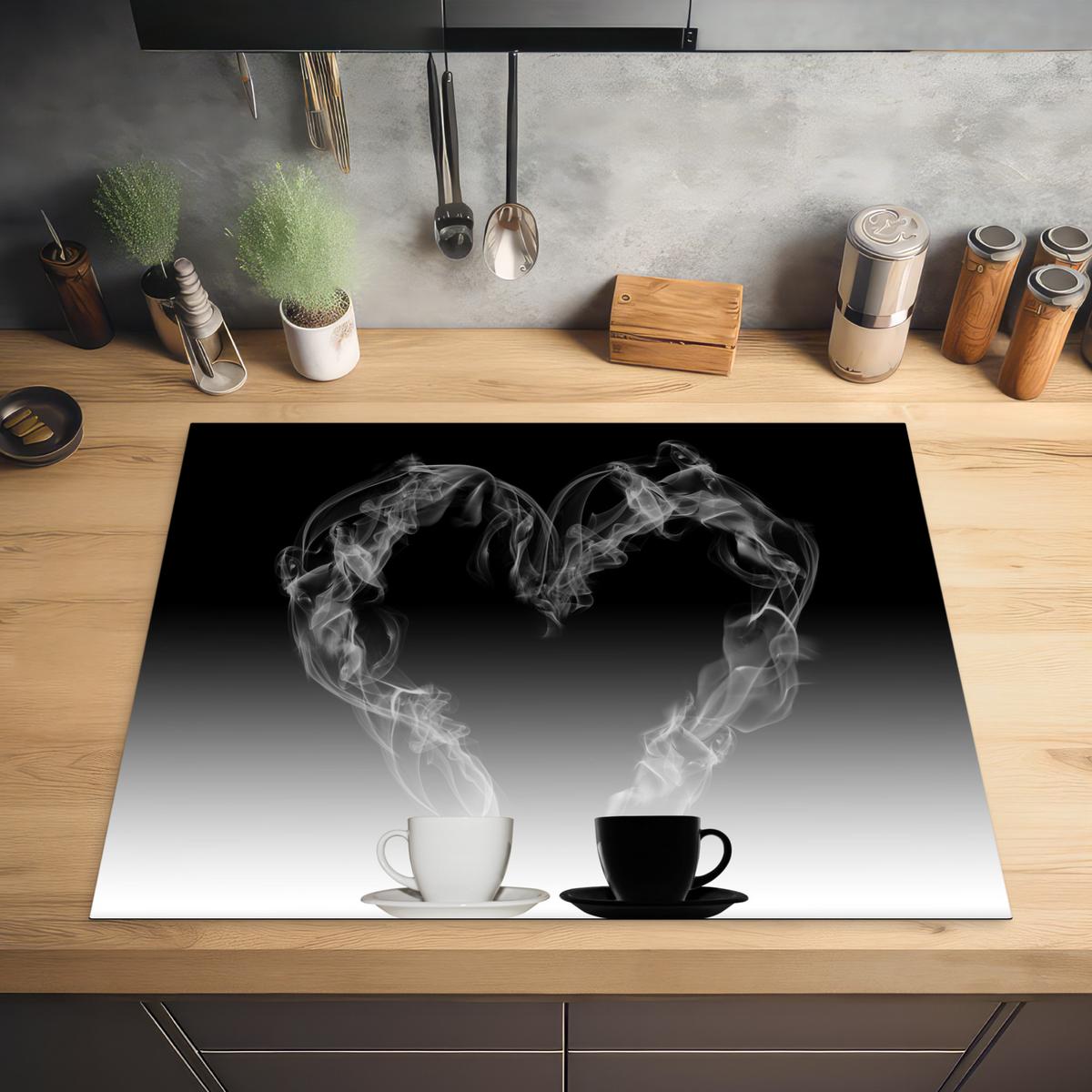 HERDABDECKPLATTE Kaffee - Herz - Schwarz und weiß - Tassen Induktionsmatte 77x59 cm - Weiß, Kunststoff (77/59/0.2cm) - MuchoWow