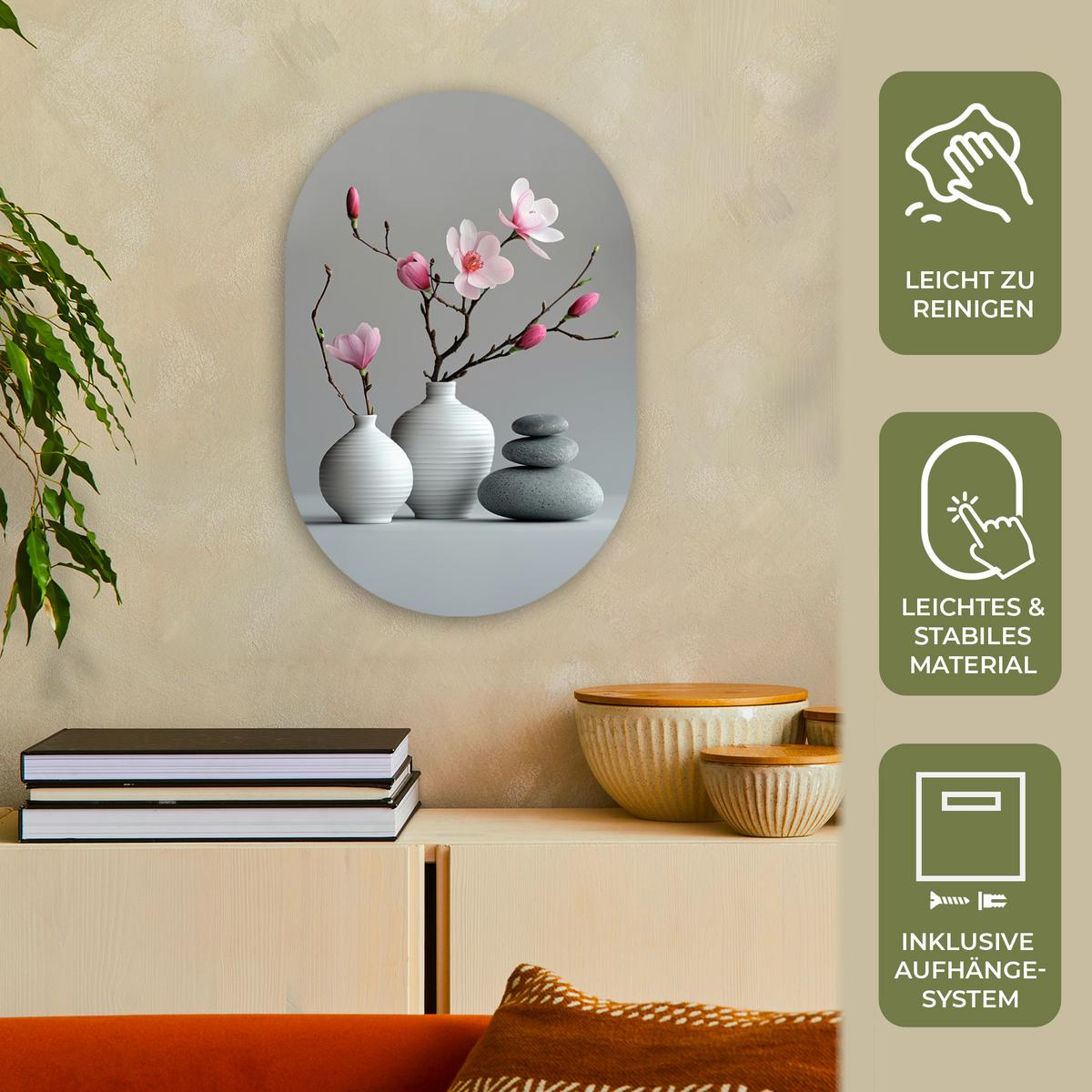 WANDBILD Magnolie - Blumen - Rosa - Zen-Steine Deko Wohnzimmer 40x60 cm - Hellgrau, Kunststoff (40/60cm) - MuchoWow