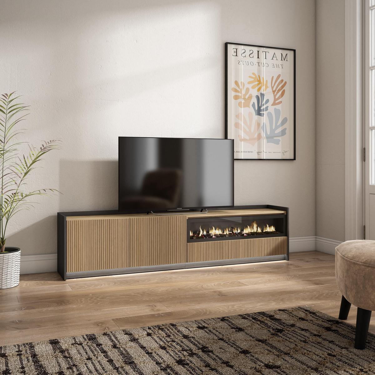 LOWBOARD, Eiche und Schwarz, 207/37/50cm, Elektrokamin, Led - Eichefarben, Holzwerkstoff (207/50/37cm) - Skraut Home