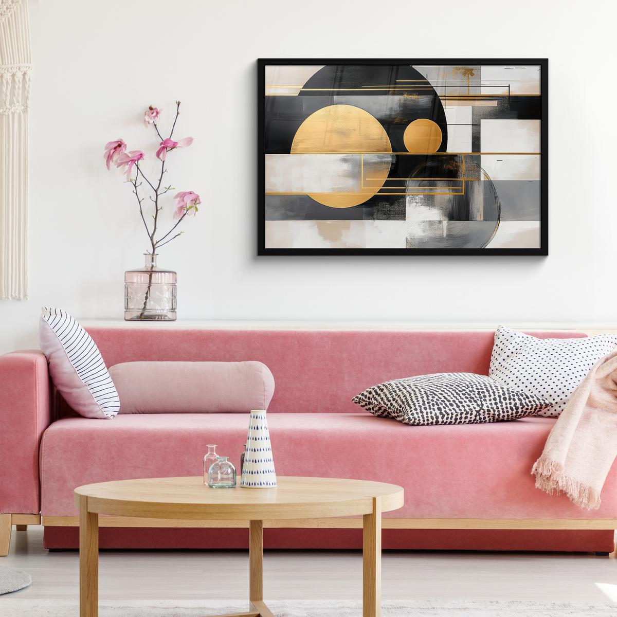POSTER MIT RAHMENGERAHMTES BILD Abstrakt - Gold - Silber - Formen - Ästhetisch - Modern 90x60 cm - Goldfarben, Papier (90/60cm) - MuchoWow