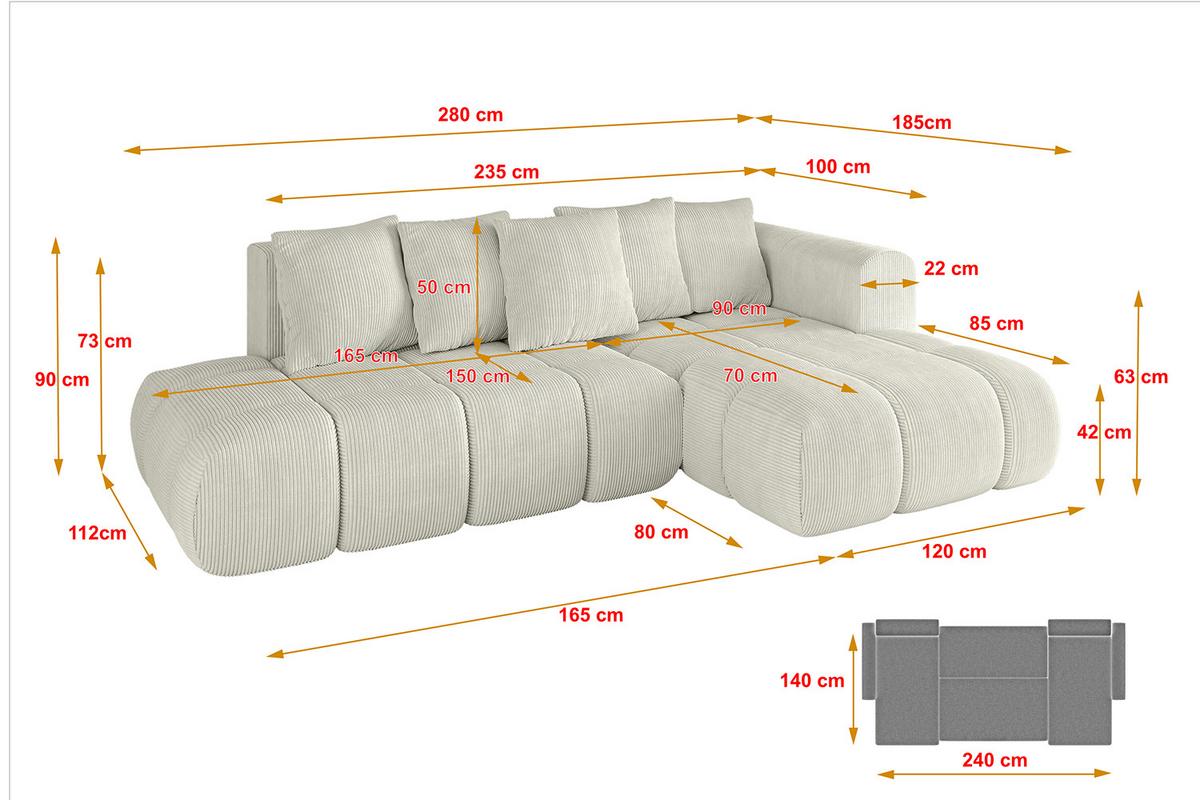 ECKSOFA Ottomane Rechts CLOUD-L-v1 280x185x90 Creme Cord - Hellgrau/Creme, Holzwerkstoff/Kunststoff (185/280cm) - ALTDECOR