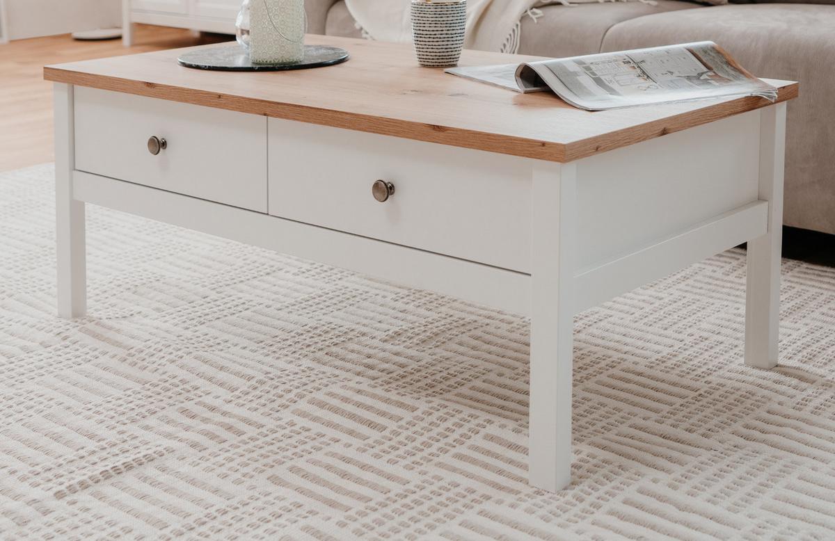 COUCHTISCH weiß, Eiche Artisan Landhaus, 110 x 55 cm, Wohnzimmertisch mit Schubladen - Silberfarben/Weiß, Holzwerkstoff/Kunststoff (55/110/40cm) - Furn.Design