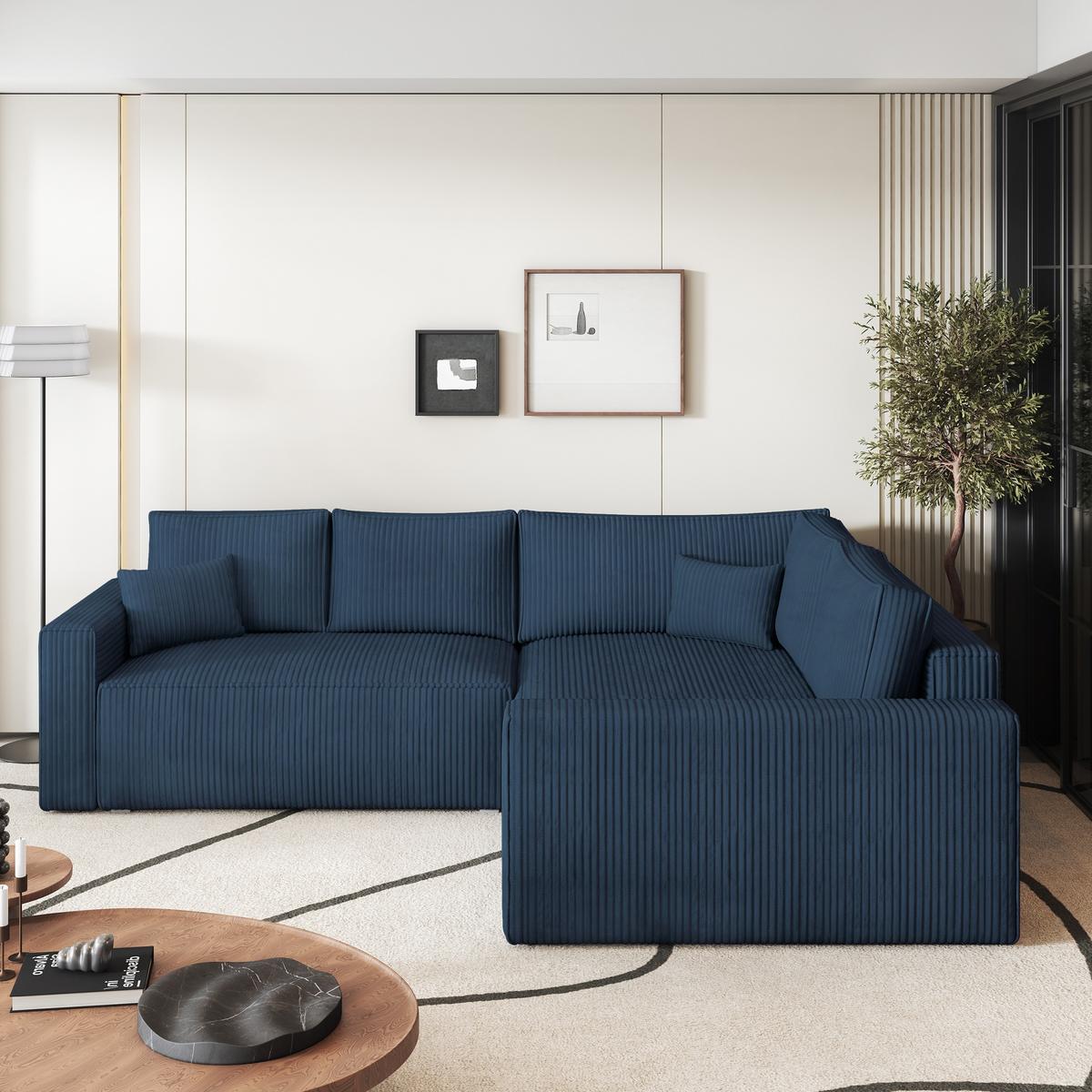ECKSOFA ERONIS R-S Blau Kordstoff mit Schlaffunktion - Blau, Holz (265/194cm) - MASSENO