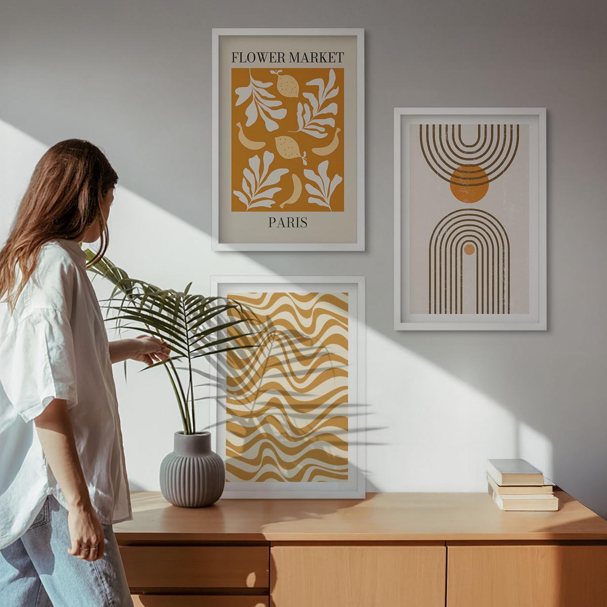 BILDER SET 3er Set - 40x60 cm Weißer Rahmen - Poster mit geometrischen Pflanzenmustern - Weiß, Kunststoff (40/60cm) - TULUP