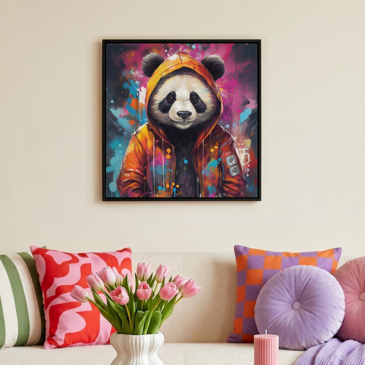 LEINWAND Bilder mit Rahmen - Panda - Jacke - Graffiti - Orange - 50x50 - Orange, Textil (50/50cm) - MuchoWow