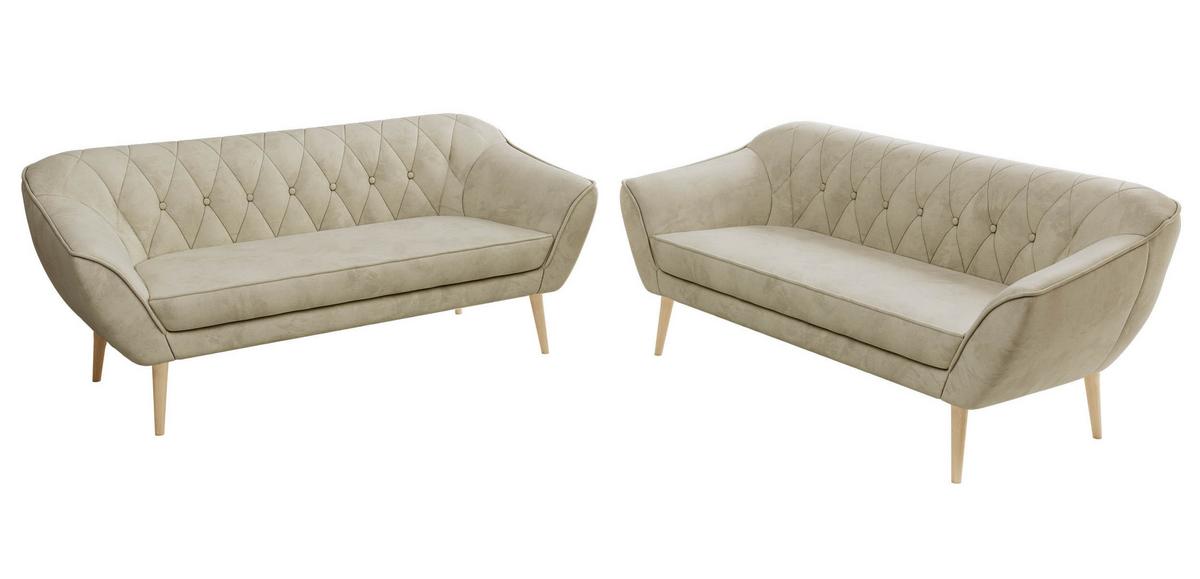 SITZGARNITUR PIRS 3+3 - Beige Velvet - Holzbeine - Beige/Buchefarben, Holzwerkstoff/Textil (180/75/74cm) - MKS