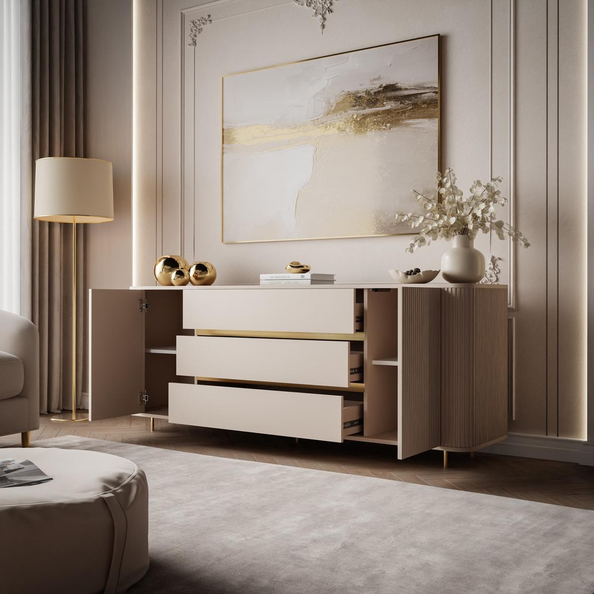 KOMMODE MIRAGE GOLD 2D3S mit geriffelten Seiten und goldenen Details - Beige, Holzwerkstoff (180/73/40cm) - Lookway