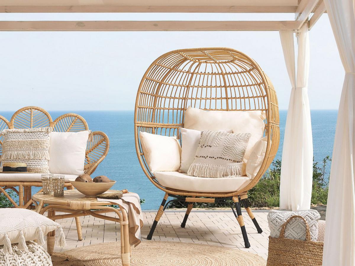 GARTENSESSEL Rattan natürlich Auflagen cremeweiß Veroli - Beige/Schwarz, Kunststoff (107/148/90cm) - Beliani