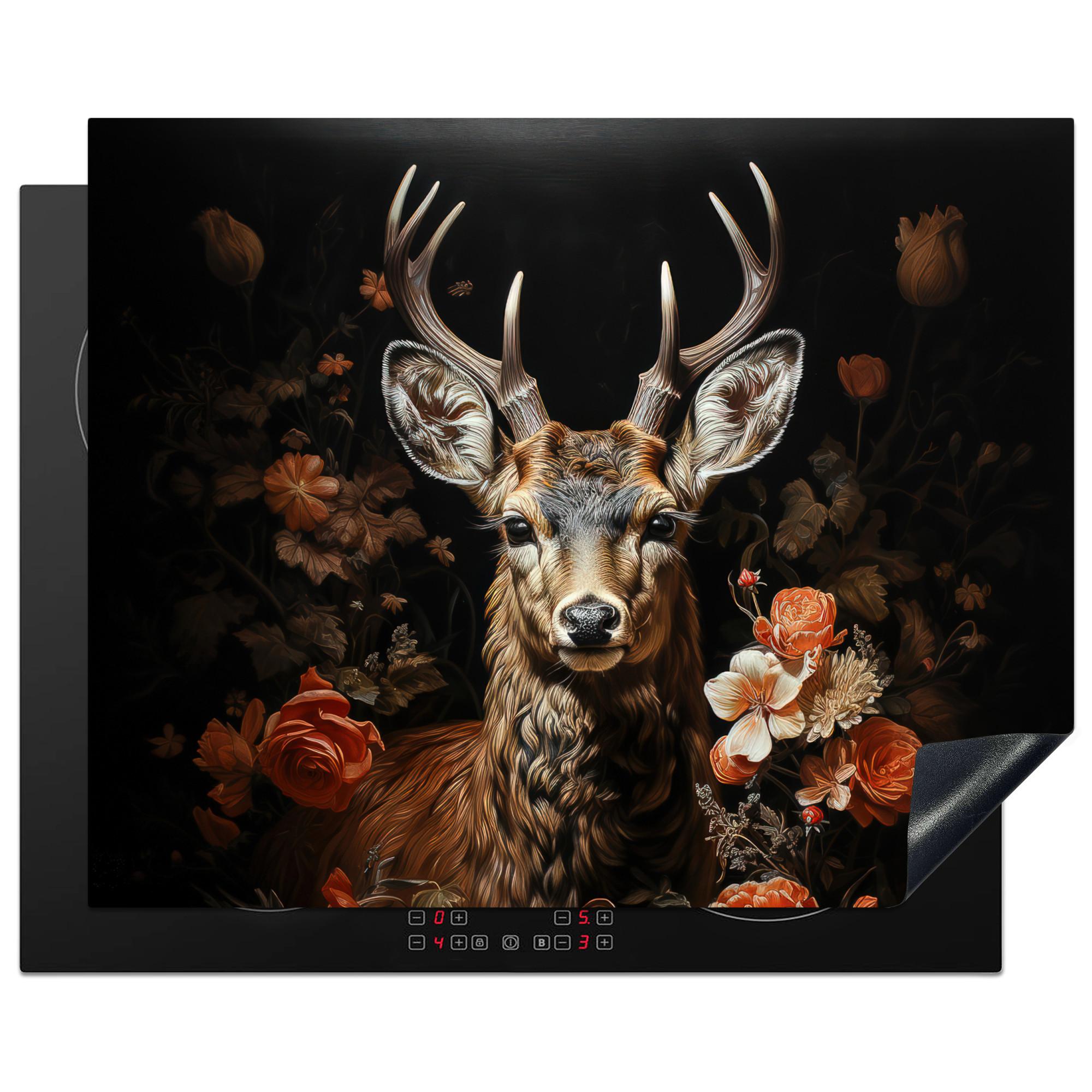 HERDABDECKPLATTE Hirsch - Tier - Blumen - Natur - Botanisch Herdabdeckung Induktionsfeld 65x52 cm - Kupferfarben, Kunststoff (65/52/0.2cm) - MuchoWow