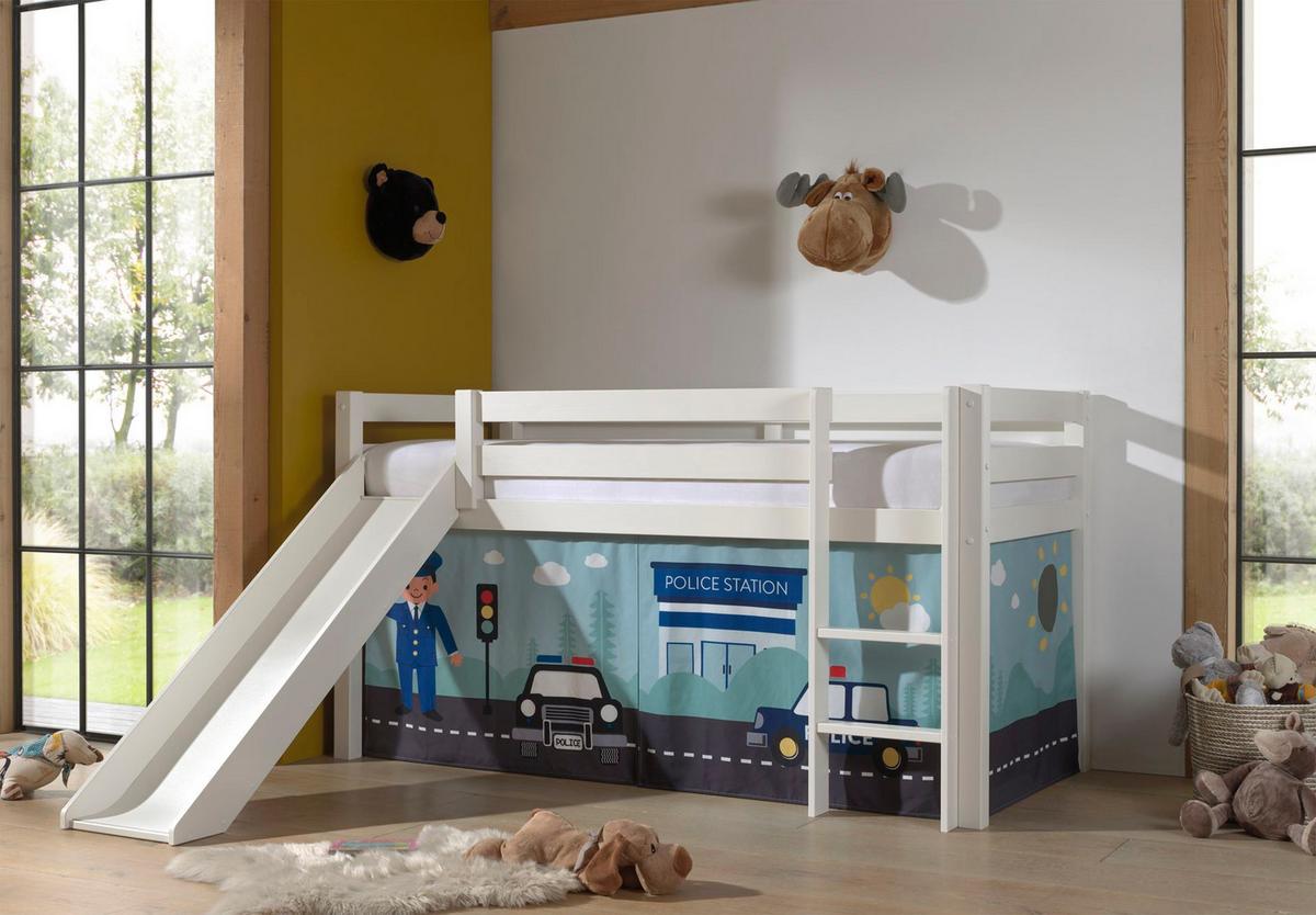 HOCHBETT mit Rutsche Karolina Massivholz Weiß Textilset Polizei - Weiß/Hellblau, Holz (90/200cm) - 58aufmkessel
