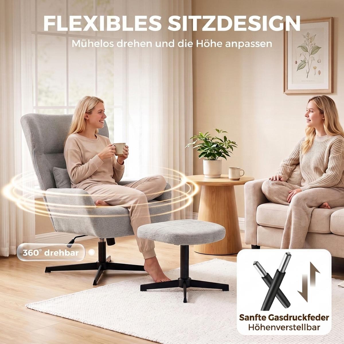 RELAXSESSEL-MIT-HOCKER 2er Set Polyester Grau - Schwarz/Grau, Textil/Metall (88/104/71cm) - HOMCOM