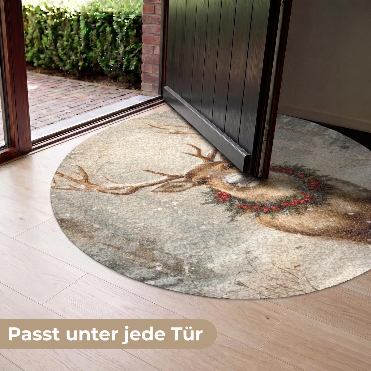 FUSSMATTE Weihnachten - Rentier - Winter - Kranz Flurteppich 120x120 cm - Braun, Kunststoff (120/0.4cm) - MuchoWow