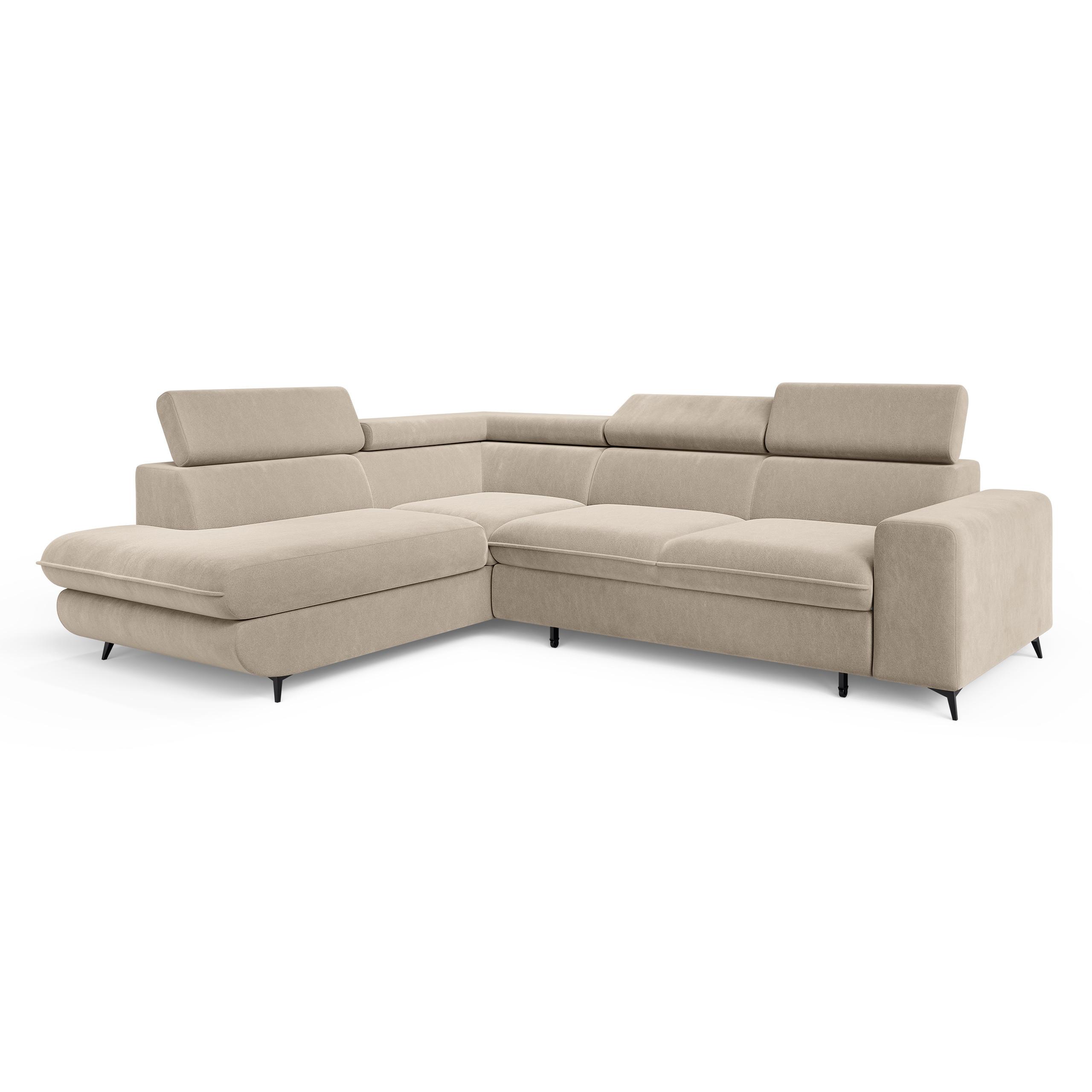 ECKSOFA VELISS Creme Veloursstoff mit Schlaffunktion - Creme, Holz (255/193cm) - MASSENO