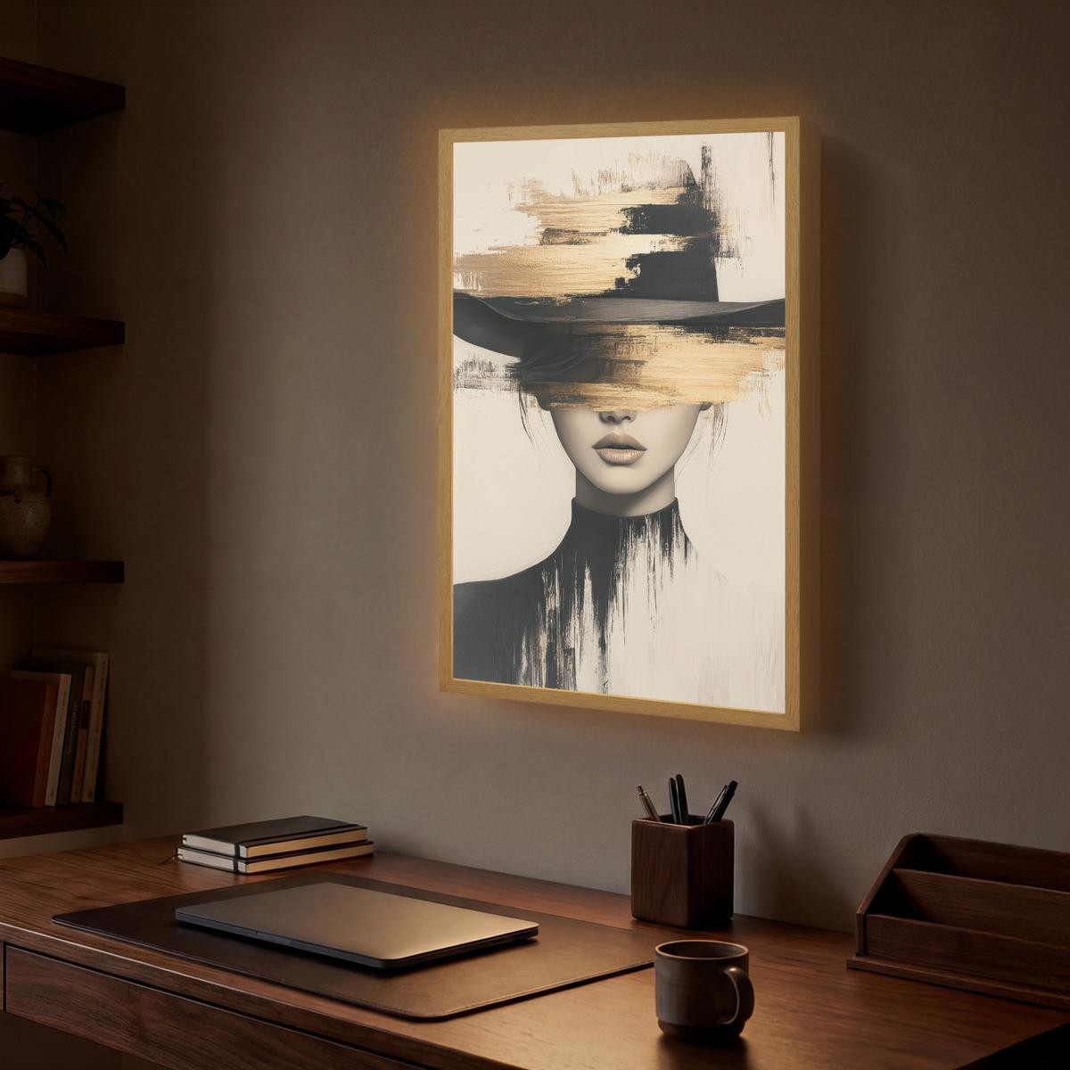 WANDLEUCHTE MIT AKKU Frau - Hut - Farbe 40x60 cm - Creme, Holzwerkstoff (40/60/8cm) - OnlyWow