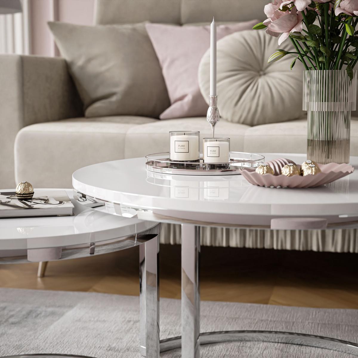 COUCHTISCH 2-in-1 CIRI CHROME Hochglanz - Silberfarben/Weiß, Holzwerkstoff (70/70/48cm) - Lookway