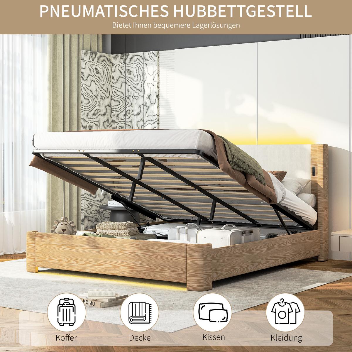 POLSTERBETT Beige Samt King Size 190X200 Stauraumbett mit LED & Gaslift - Beige, Textil (190/200cm) - Urban Meuble