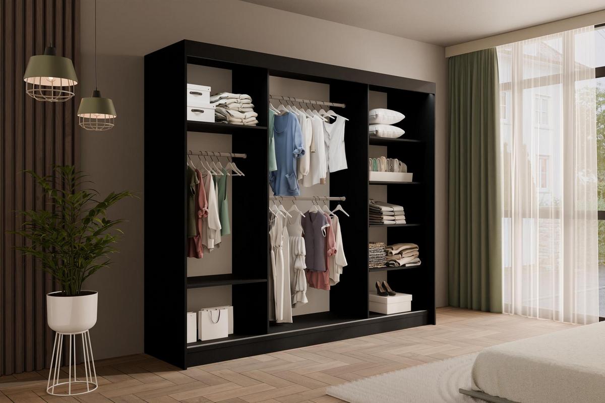 KLEIDERSCHRANK PEKA III mit LED - 250 cm - Schwarz|Weiß - Schwarz/Weiß, Holzwerkstoff (250/215/61cm) - ALTDECOR