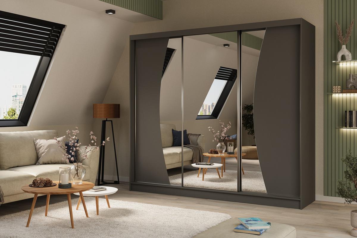 KLEIDERSCHRANK mit Spiegel-Schiebetüren und Aluminium-Leisten - VOXI - 240 cm Grau - Grau, Holzwerkstoff (240/216/61cm) - ALTDECOR