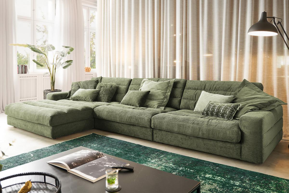 ECKSOFA XL LANA Grün Cord - Schwarz/Olivgrün, Textil (416/205cm) - KAWOLA