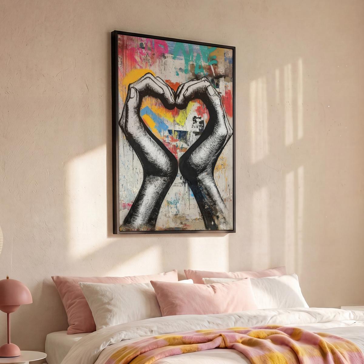 LEINWAND Bilder mit Rahmen - Hände - Herz - Straßenkunst - Graffiti - 90x140 - Multicolor, Textil (90/140cm) - MuchoWow