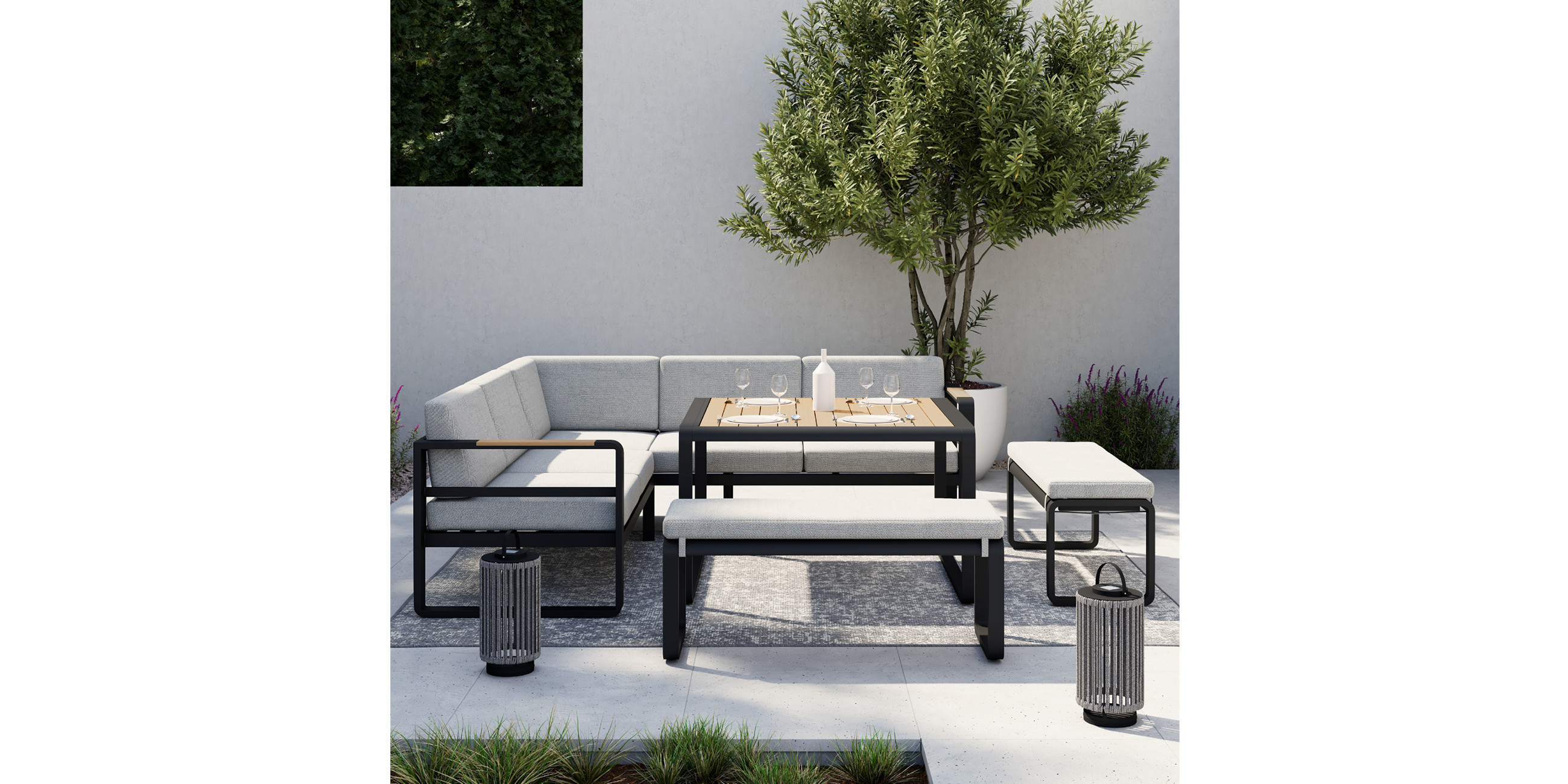 Graue Loungegarnitur mit hohem Tisch aus Holz