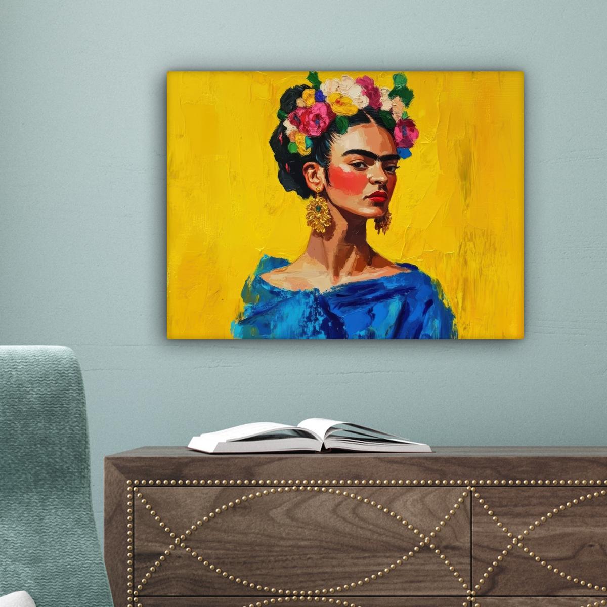 LEINWANDBILD Frida Kahlo - Frau - Gelb - Blau - Blumen Wandbild 40x30 cm - Gelb, Textil (40/30cm) - MuchoWow