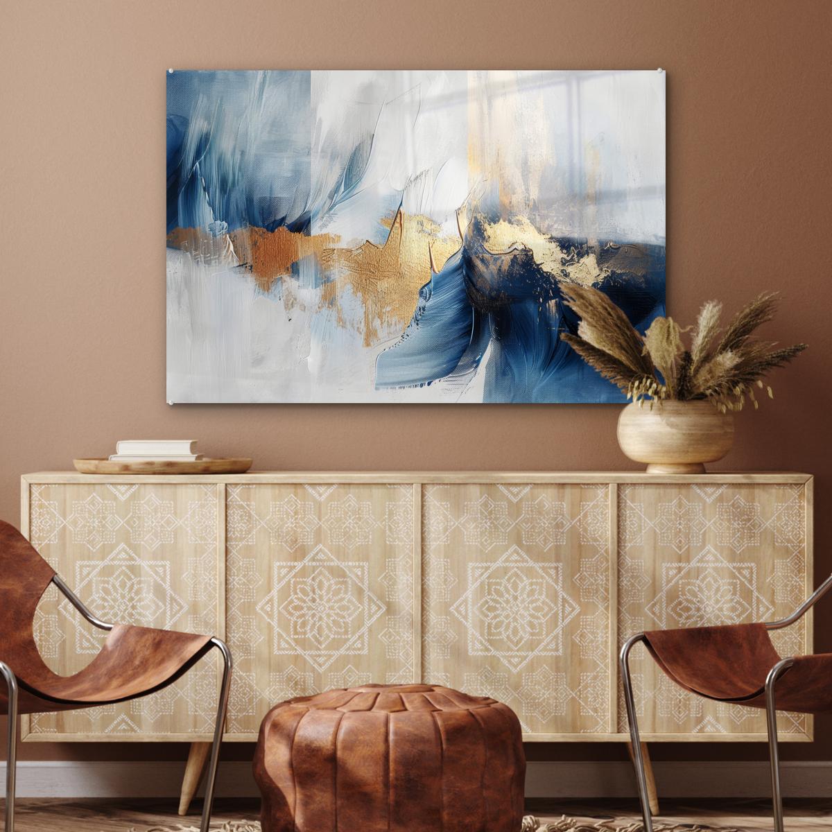 ACRYLGLASBILD Gold - Blau - Aquarell - Kunst - Modern Wandbild Schlafzimmer 120x80 cm - Hellblau, Glas (120/80cm) - MuchoWow