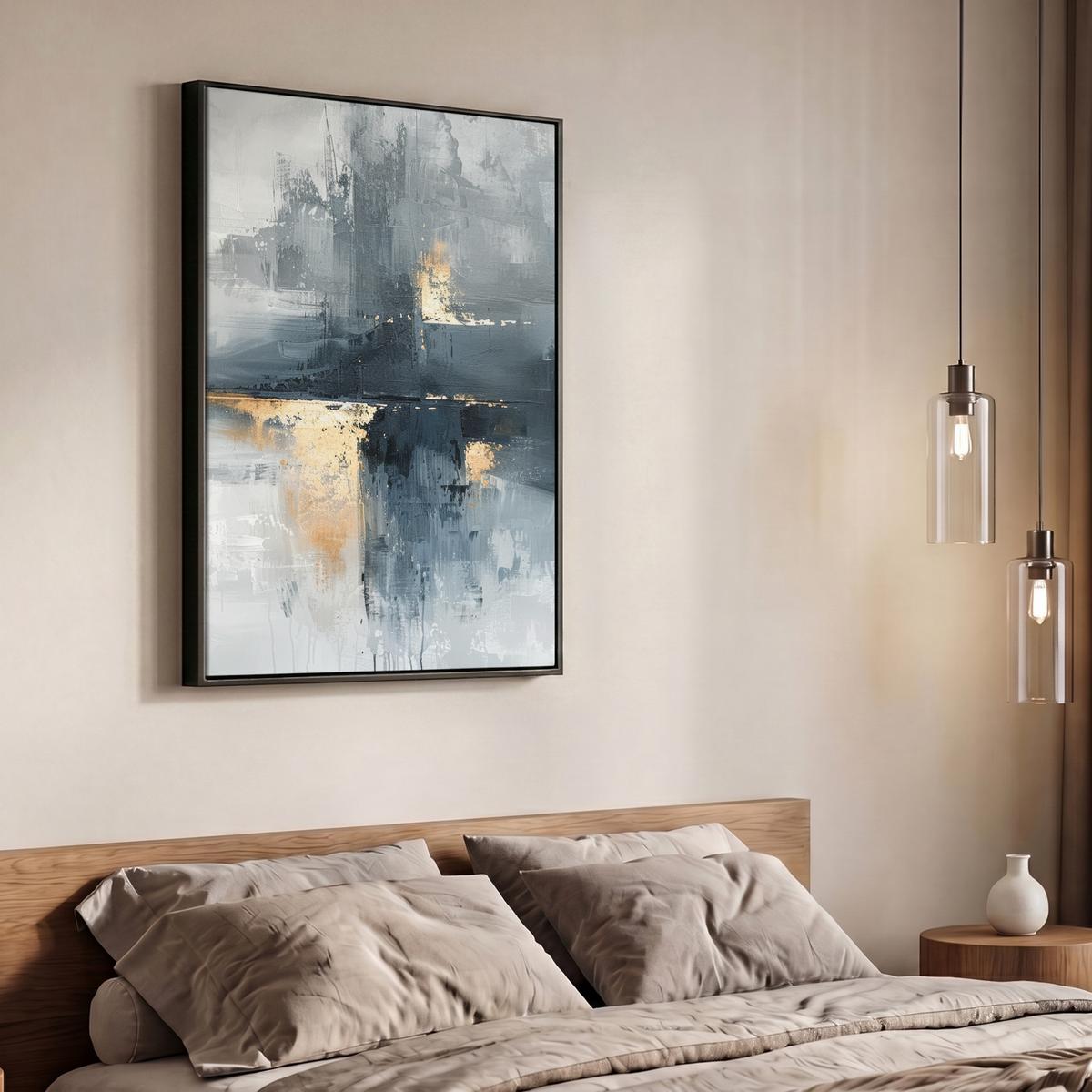 LEINWAND Bilder mit Rahmen - Kunst - Grau - Gold - Abstrakt - 70x100 - Dunkelgrau, Textil (70/100cm) - MuchoWow